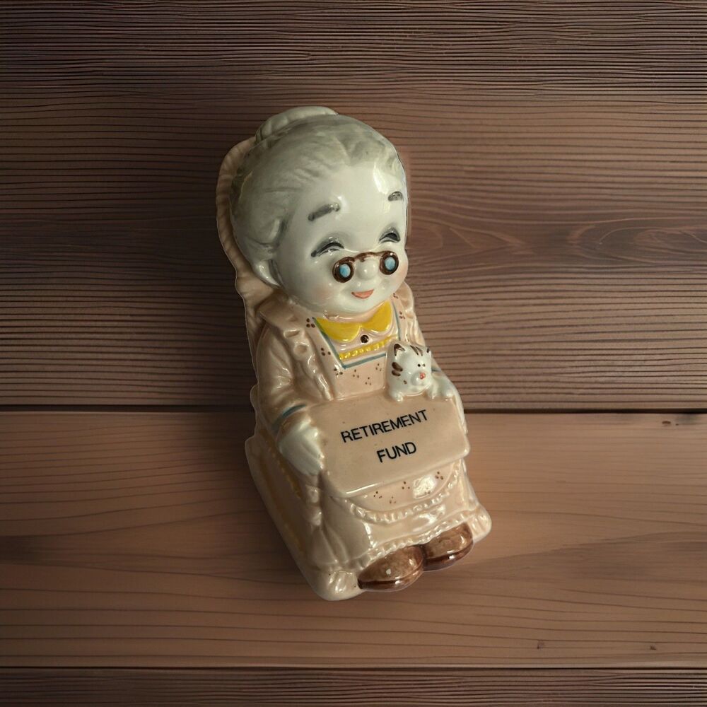 Lefton Old Lady Vintage Retirement Fund Piggy Bank Humorous  Made In Japan